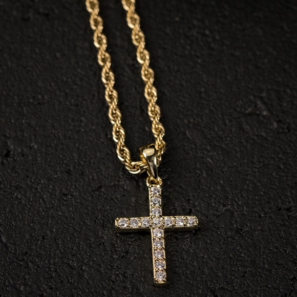 Mini Micro 14K Gold Iced Cz Cross Pendant Chain - Picture 2 of 4